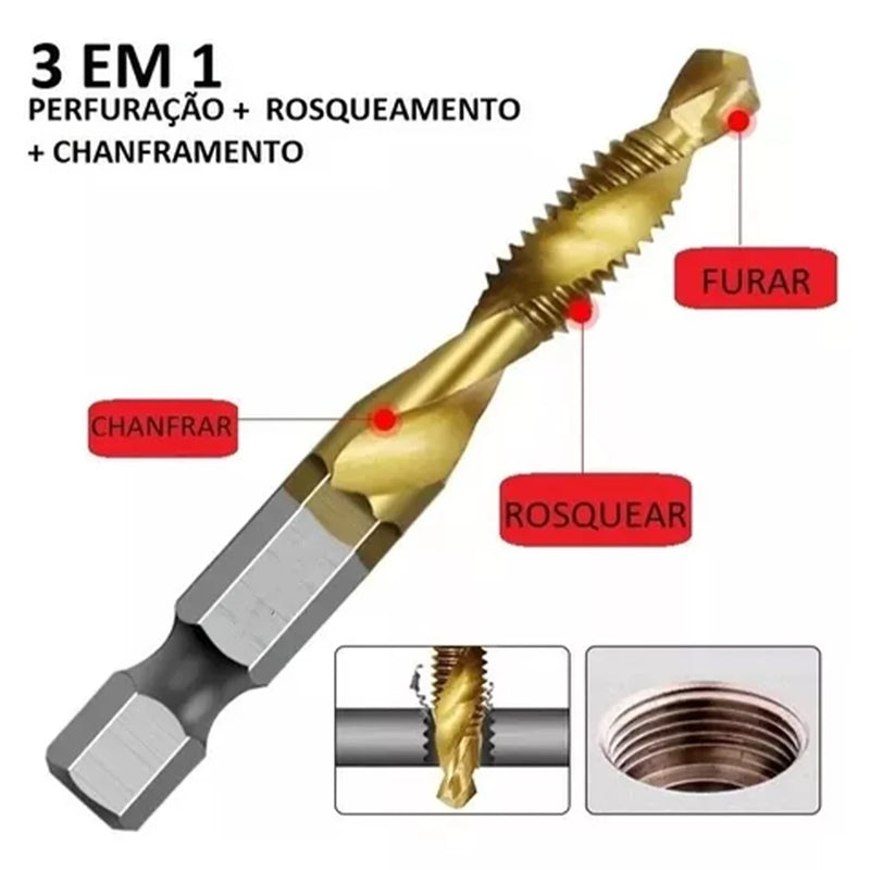 Jogo de Brocas Fura Rosca Chanfro em Aço e Madeira